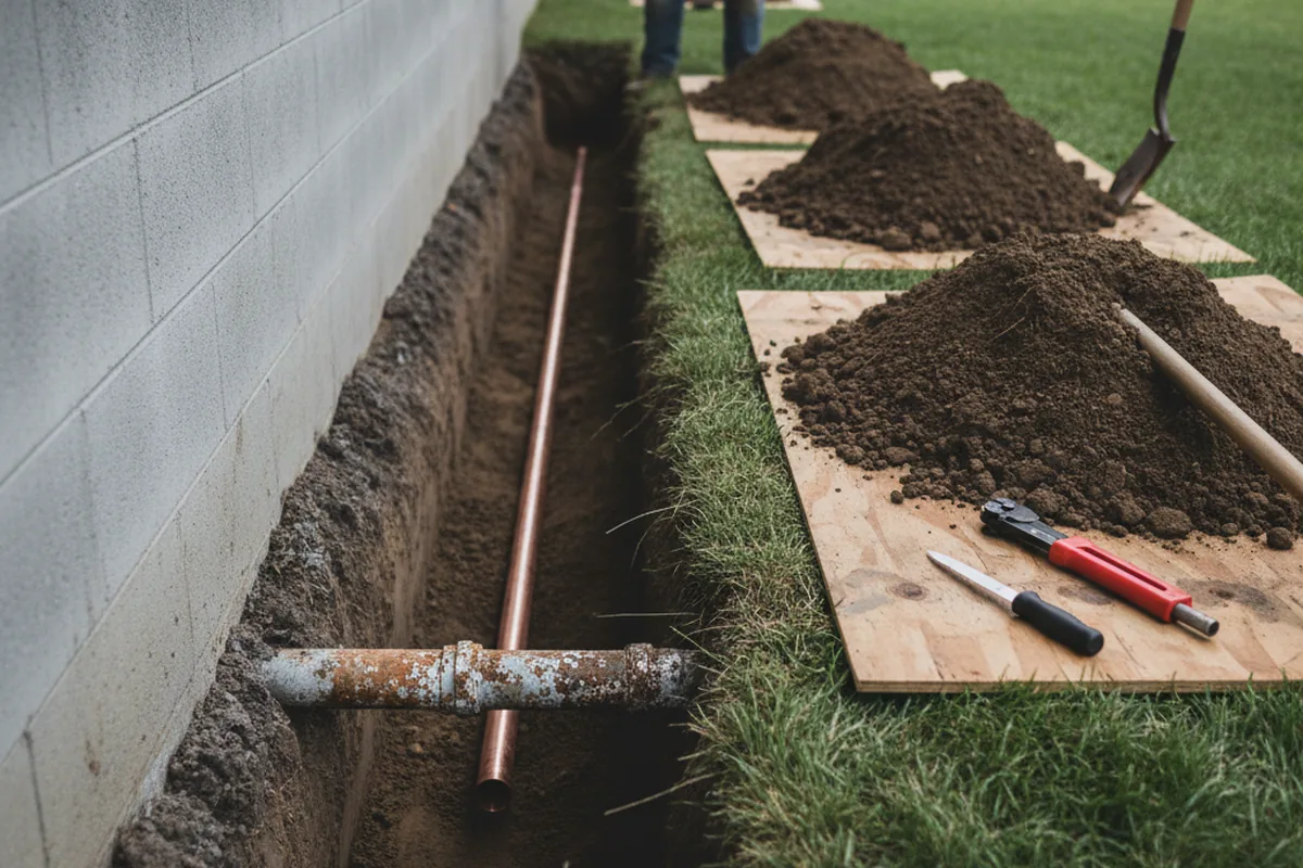 Excavated water line trench during Sewer Line Repair in Florence